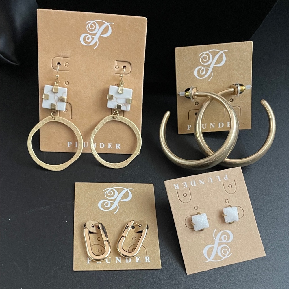 Plunder Design Jewelry Earring Bundle of 4 White Stone and Gold Tone Earring Set